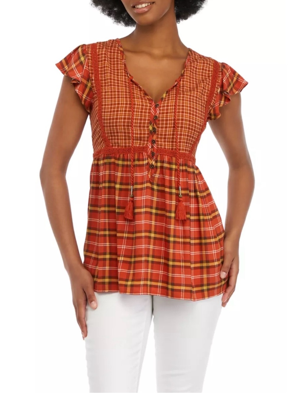 True Craft Women's XL Plaid V-Neck Peasant Tunic Top